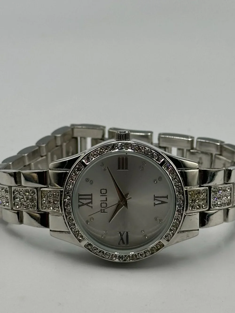 3/$30 Folio Watch Women Silver Tone Crystal Bezel Round Dial 31MM 7.5 Inch